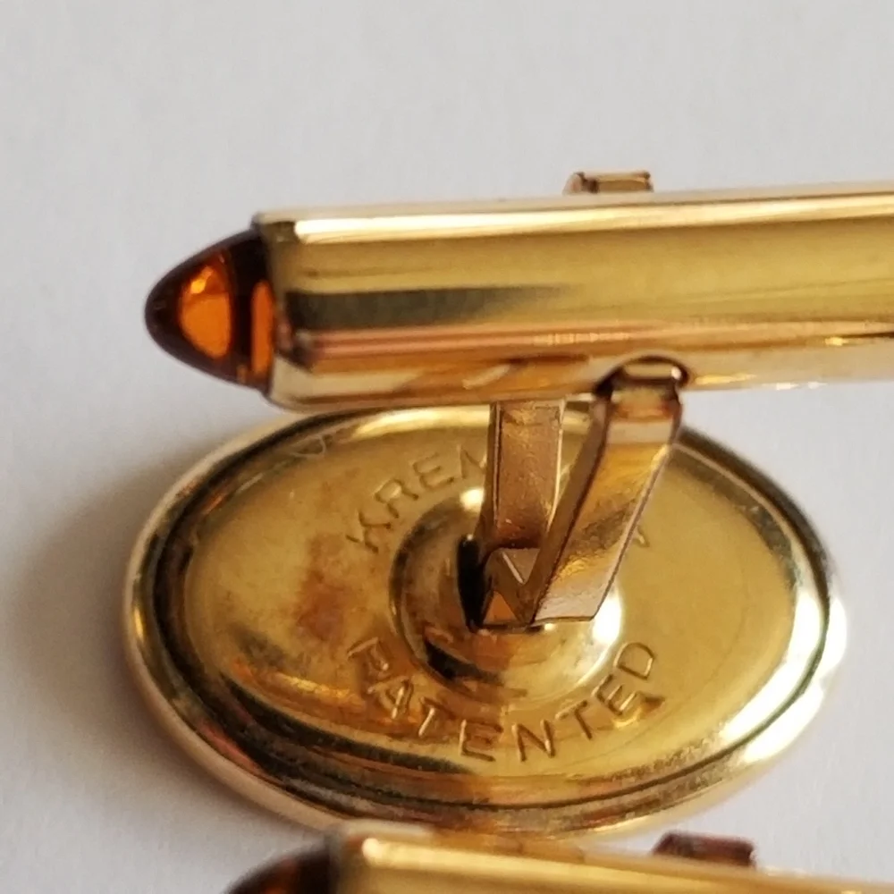 Vintage Krementz cuff links mens gold tone engraved monogram BFB orange